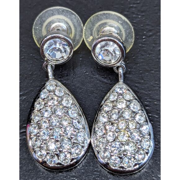 Swarovski Earrings, Pavé Crystals, Teardrop Dangle, Silver-tone, Safety Back - Picture 2 of 4